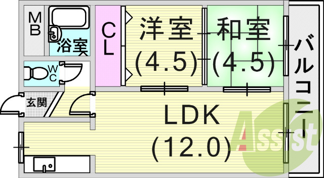 2LDK(44.72平米)バス、トイレ別・独立キッチン
