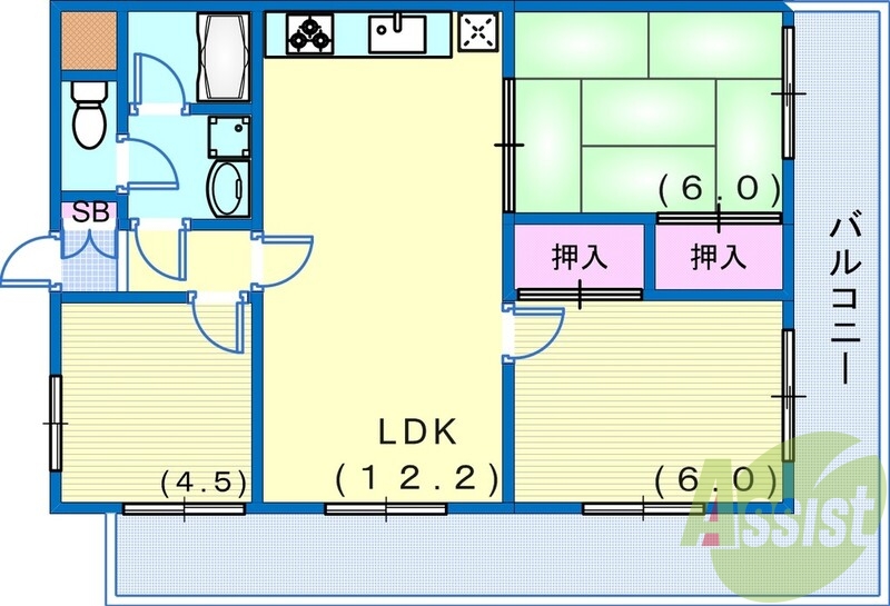 3LDK(59平米)システムキッチン・L字バルコニー