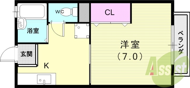 １Ｋ（23平米）室内洗濯機置き場・エアコン・クローゼット