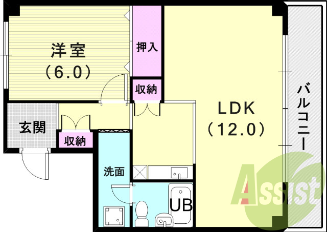 1LDK(39.36平米)南向きバルコニー・室内洗濯パン