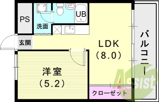1LDK(31.8平米)南向きバルコニー・室内洗濯パン