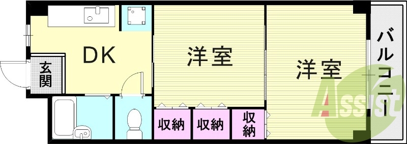 2DK(32平米)　風呂トイレ別・エアコン