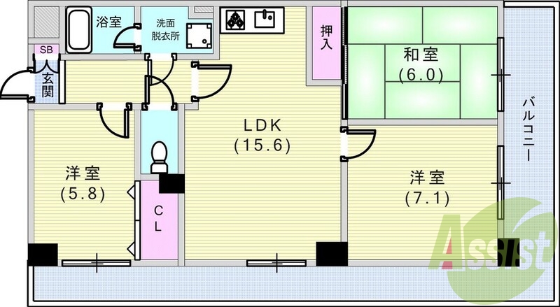 3LDK(71.37平米)システムキッチン・L字バルコニー