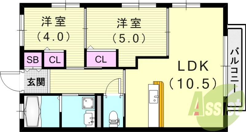 2LDK(44.35平米)カウンターキッチン・追い焚き