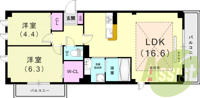 2LDK（62.49平米）ウォークインクローゼット・床暖房