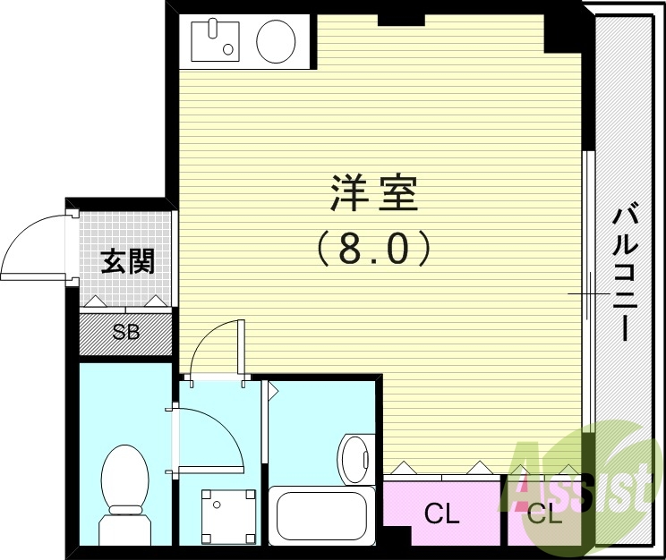 1R（26.4平米）お風呂トイレ別・独立洗面台・室内洗濯機