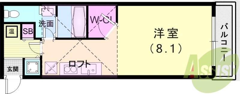1K（27.46平米）システムキッチン・ロフト・WIC