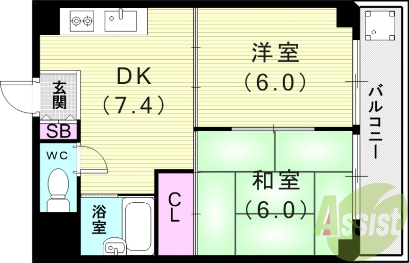 2DK(38.88平米)エアコン・温水洗浄便座・バルコニー
