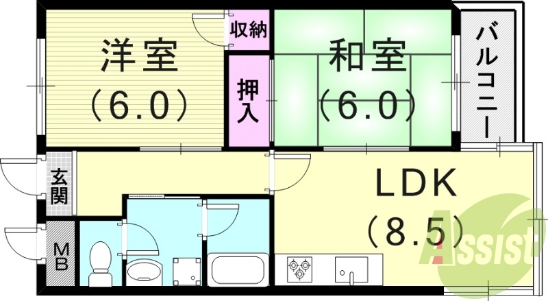 2LDK（49平米）ネット無料・システムキッチン・バルコニー
