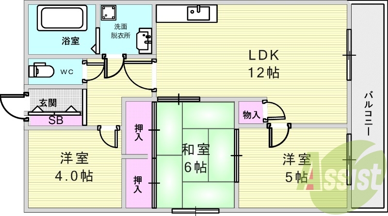 3LDK(61.61平米）追焚付給湯・室内洗濯機置場