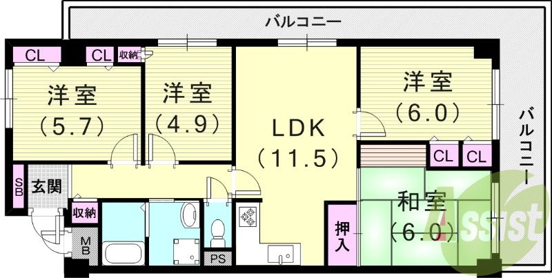4LDK(75.75平米)システムキッチン・L字型バルコニー