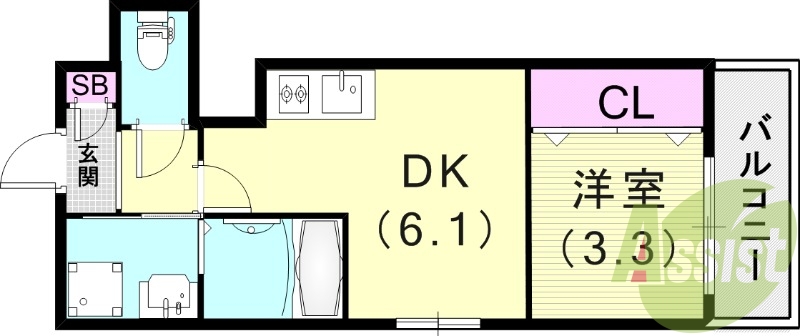 1DK(25.47平米)追焚付・浴室乾燥機