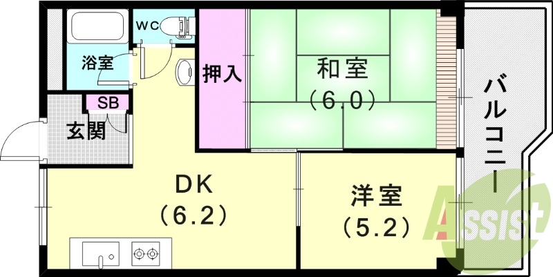2DK(41.33平米)室内洗濯機置き場・独立洗面台・押入