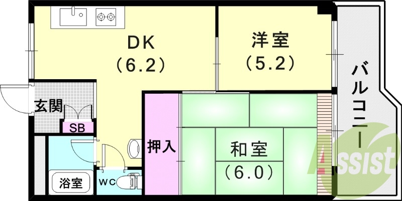2DK(41.33平米)室内洗濯機置き場・独立洗面台・押入