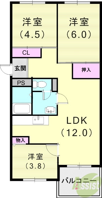 3LDK（57.76平米）モニターホン・洗髪洗面化粧台・収納
