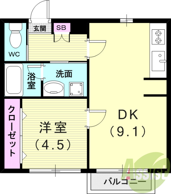 １DK（33平米）室内洗濯機置き場・モニター付きインターホン