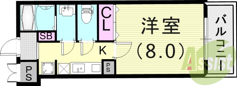 1K（26.5平米）インターネット無料・浴室乾燥機
