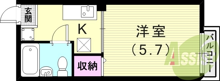 1K（17.17平米）室内洗濯機置場・エアコン・バルコニー