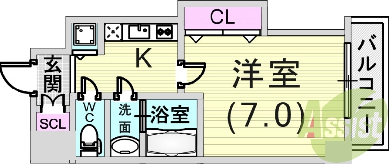 1K（25.38平米）システムキッチン・室内洗濯機置場・収納