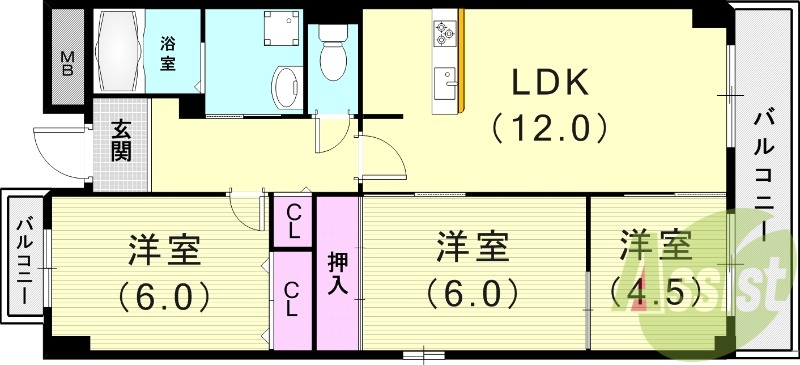 3LDK(67.52平米）浴室乾燥機・対面カウンターキッチン