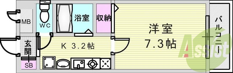 1K（22.23平米）オートロック・バストイレ別