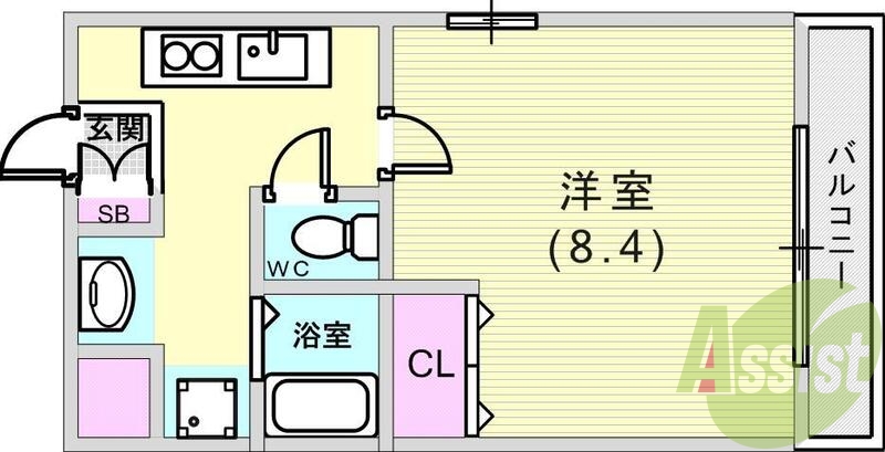 1K（24.73平米）システムキッチン・エアコン・バルコニー