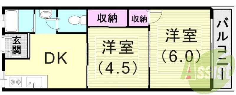 1DK（３６．０平米）南向き・収納2箇所・風呂トイレ別