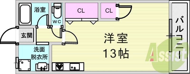 １R（２３.０８平米）システムキッチン・室内洗濯機置場