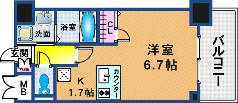 カウンターキッチンの1Rです。