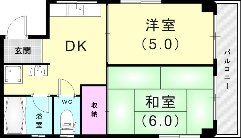 2DK（36平米）南面バルコニー・システムキッチン・角部屋