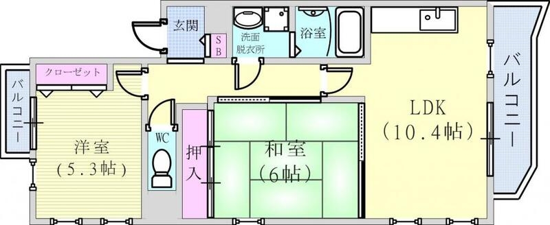 2LDK(56.97平米)南面バルコニー・室内洗濯機置き場