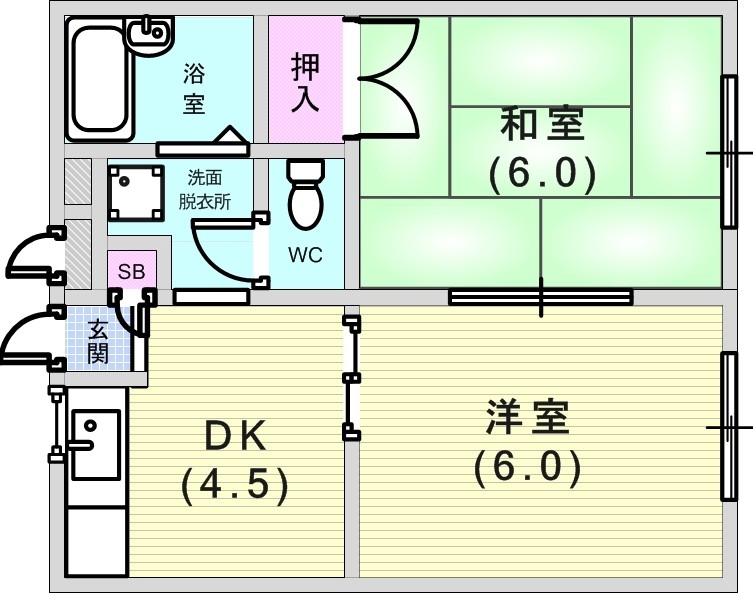 2DK(34.7平米）和室・バス・トイレ別・室内洗濯機置場