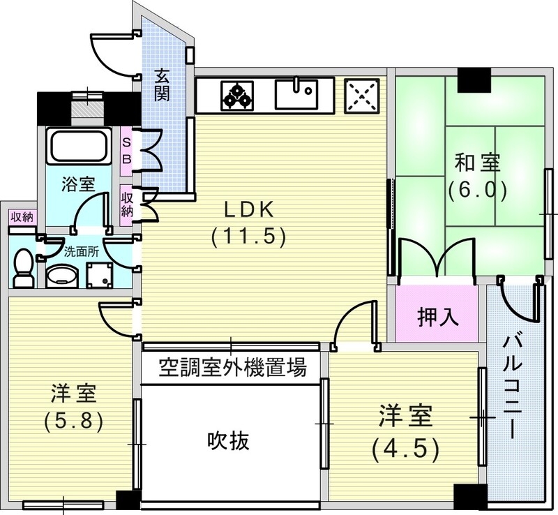3LDK（54.59平米）室内洗濯機置場・システムキッチン