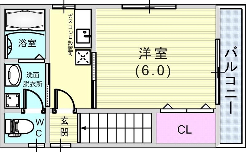 1K（23.69平米）２面採光・エアコン・室内洗濯機置場