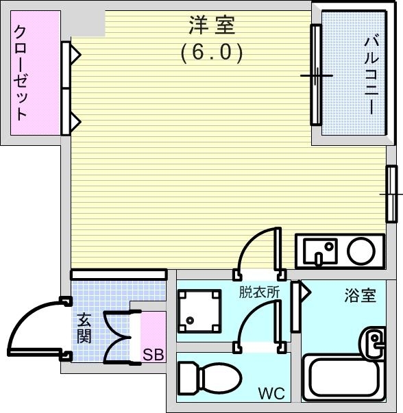 1K(22.55平米）角部屋・バストイレ別・室内洗濯機置場