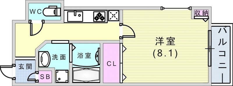 1K（29.3平米）システムキッチン・独立洗面台・バルコニー