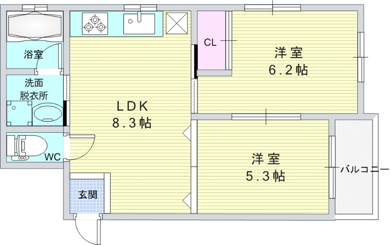 2DK（39.82平米）システムキッチン・TVインターホン
