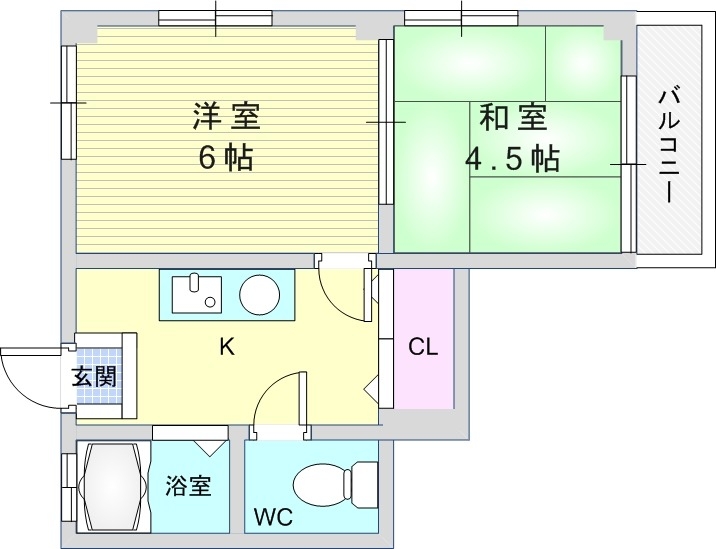 2K（30平米）お風呂トイレ別・クローゼット