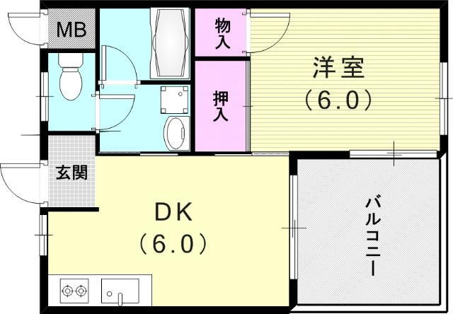 2DK(31.59平米)収納豊富、セパレート、広々バルコニー