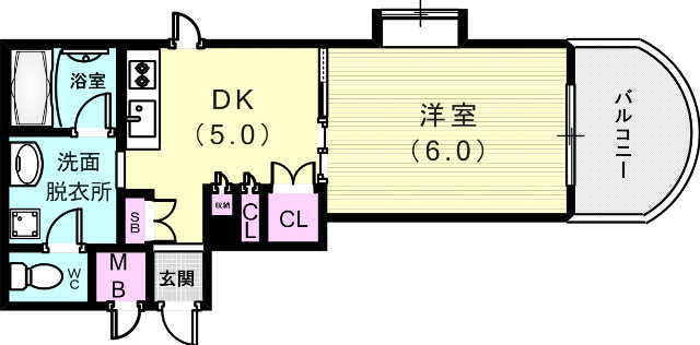 1DK(33.5平米)オートロック、南向きバルコニー