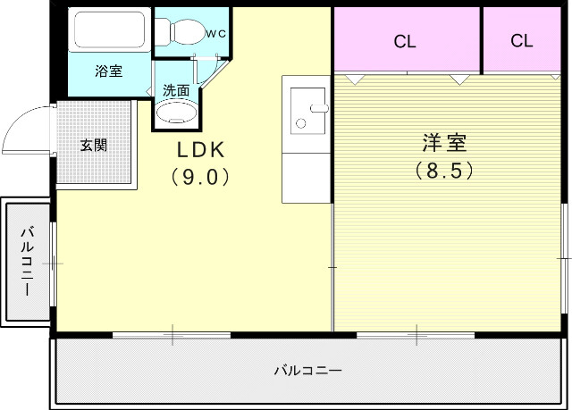 1DK(30平米)独立洗面台・室内洗濯機置き場・クローゼット