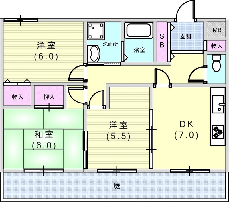 3DK(60平米)追炊付給湯・室内洗濯機置場