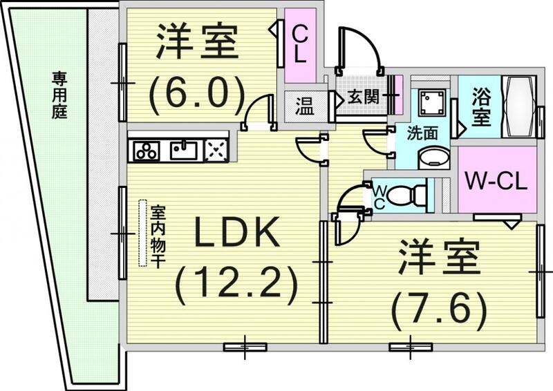 2LDK(60.88平米)浴室乾燥機・オール電化・専用庭