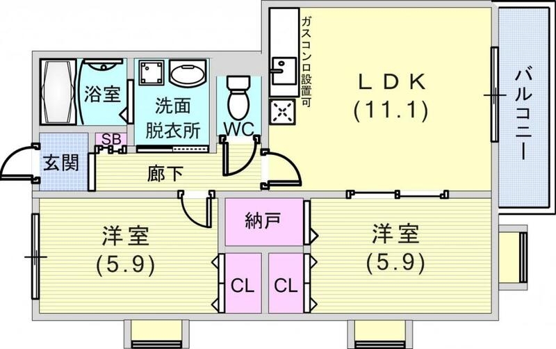 ２ＬＤＫ（５５．２平米）オートロック・室内洗濯機置き場