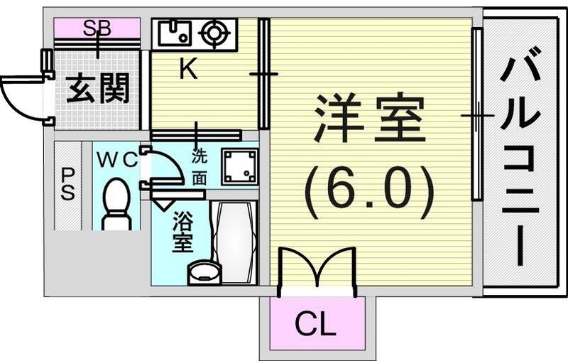 1K（22.6平米）風呂トイレ別・南向き・下駄箱・エアコン