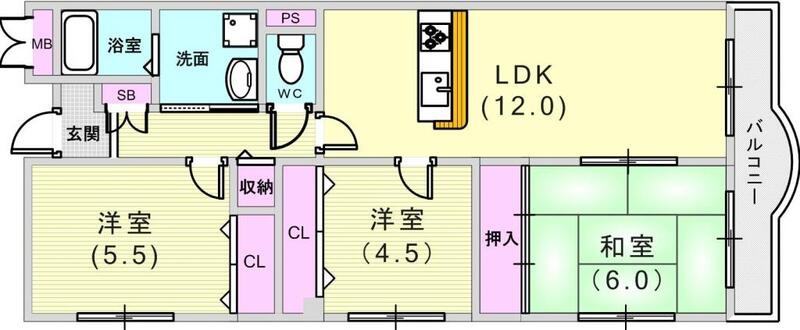 3LDK(66平米）シューズボックス・和室・バルコニー