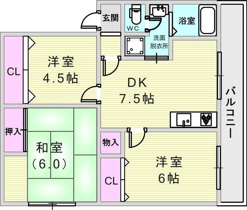 ３ＤＫ（６２.３７平米）システムキッチン、南向き角部屋です