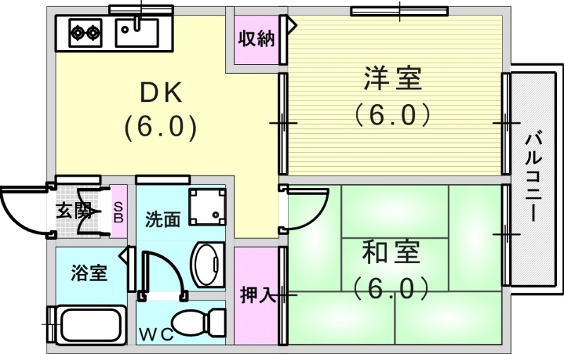 2DK（40.07平米）追い炊き・下駄箱・独立洗面台・収納