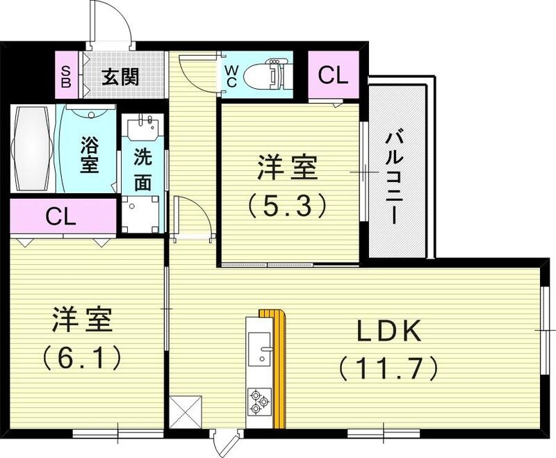 2LDK(53.5平米）カウンターキッチン・浴室乾燥機