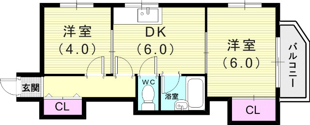 2DK（34平米）エアコン・TVインターホン・下駄箱・収納